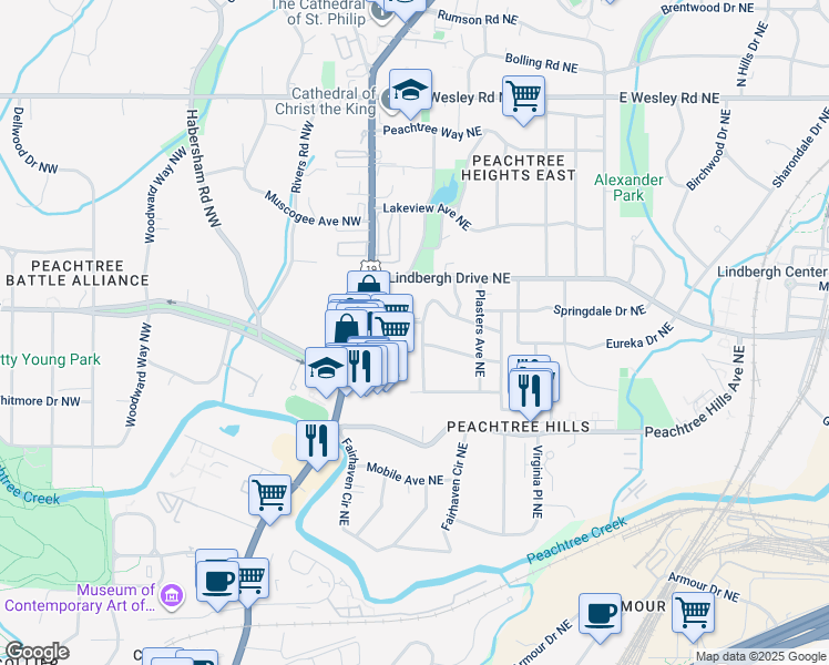 map of restaurants, bars, coffee shops, grocery stores, and more near 2424 Glenwood Drive Northeast in Atlanta
