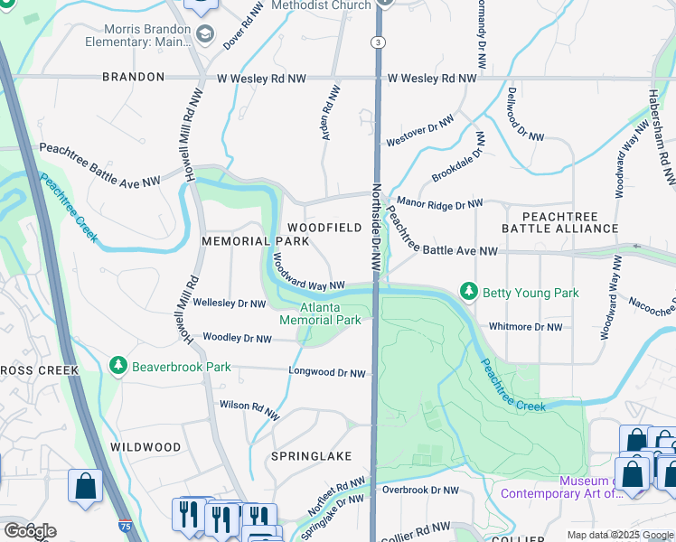 map of restaurants, bars, coffee shops, grocery stores, and more near 2415 Oldfield Road Northwest in Atlanta