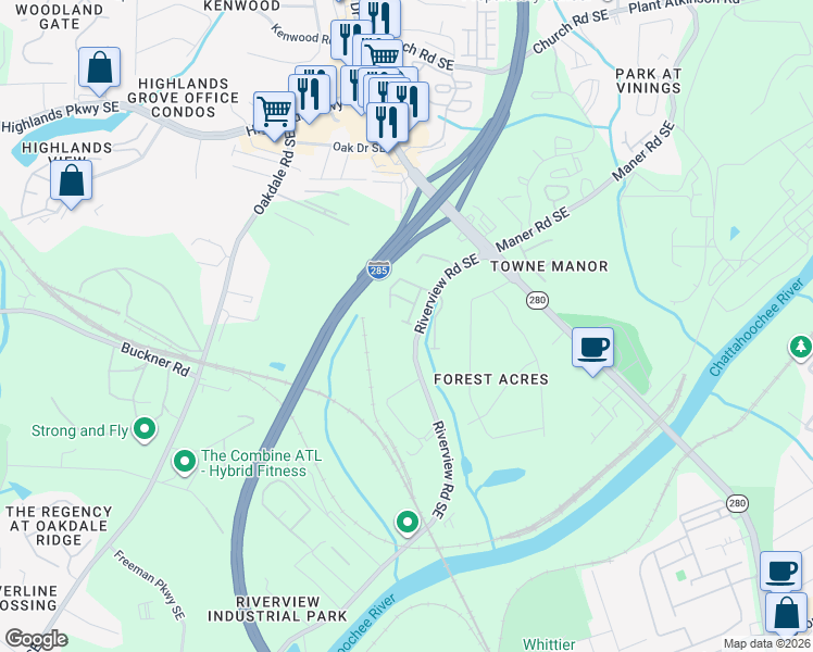 map of restaurants, bars, coffee shops, grocery stores, and more near 5343 Concordia Place in Mableton