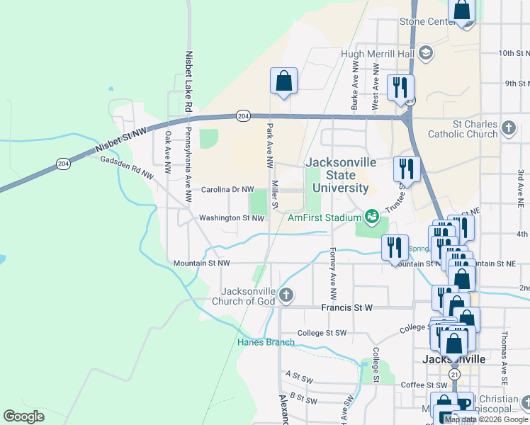 map of restaurants, bars, coffee shops, grocery stores, and more near 528 Park Avenue Northwest in Jacksonville
