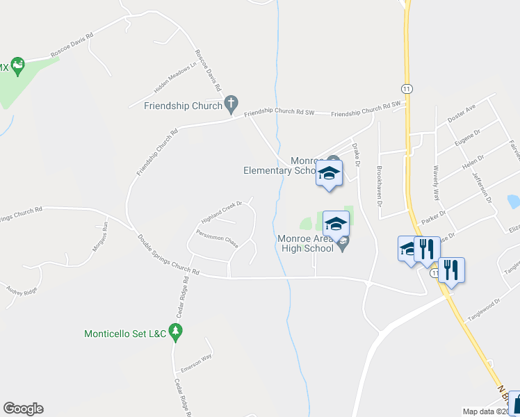 map of restaurants, bars, coffee shops, grocery stores, and more near 1530 Highland Creek Drive in Monroe