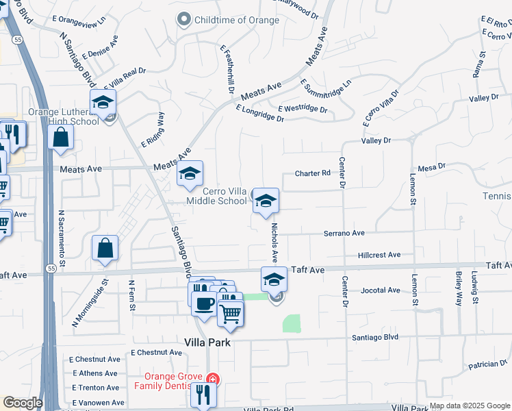 map of restaurants, bars, coffee shops, grocery stores, and more near 17852 Serrano Avenue in Villa Park