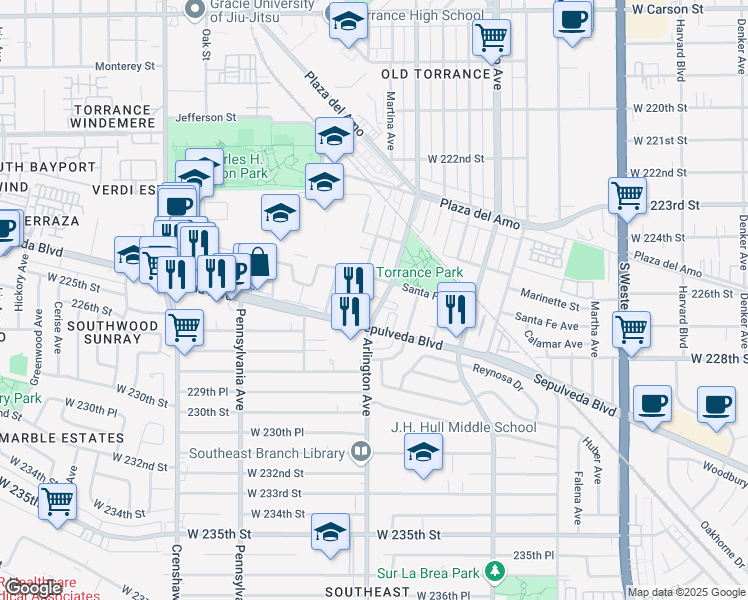 map of restaurants, bars, coffee shops, grocery stores, and more near 2725 Arlington Avenue in Torrance