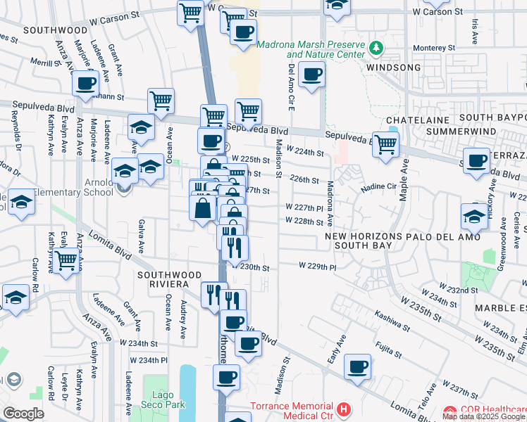 map of restaurants, bars, coffee shops, grocery stores, and more near 3636 West 227th Place in Torrance