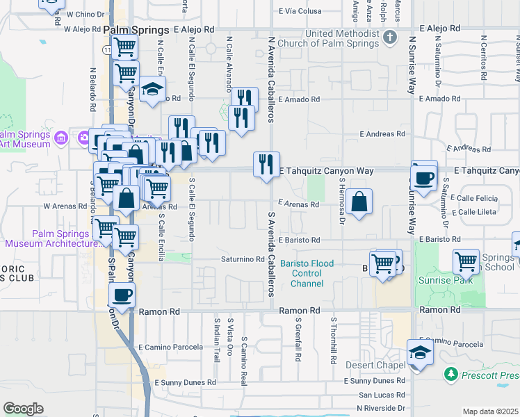 map of restaurants, bars, coffee shops, grocery stores, and more near 255 South Avenida Caballeros in Palm Springs