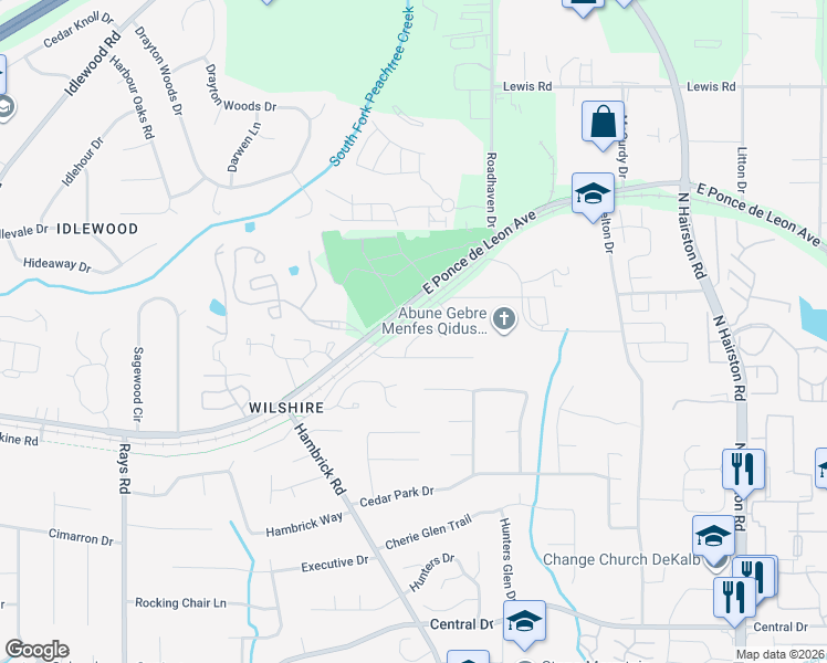 map of restaurants, bars, coffee shops, grocery stores, and more near 1384 Woodland Forest Lane in Stone Mountain