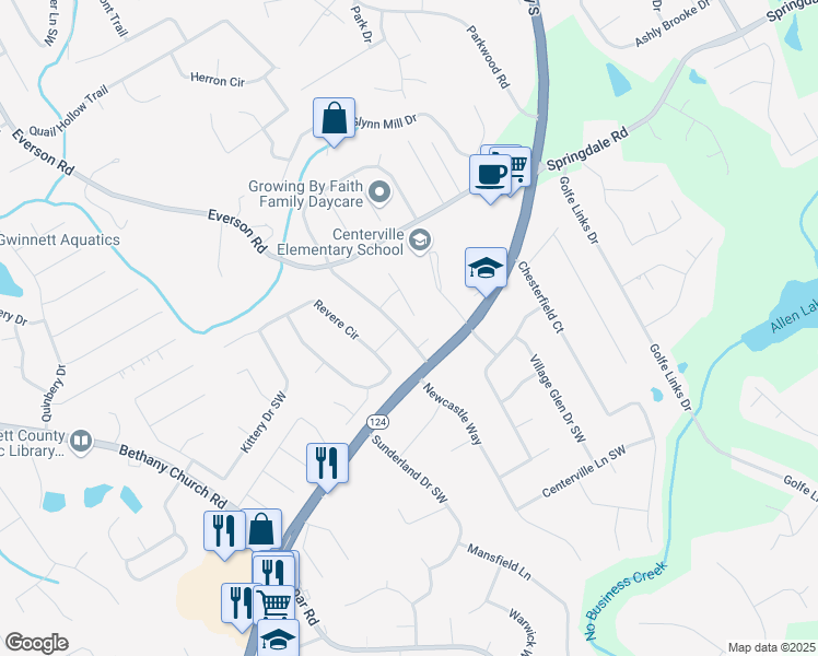 map of restaurants, bars, coffee shops, grocery stores, and more near 3095 Everson Court in Snellville