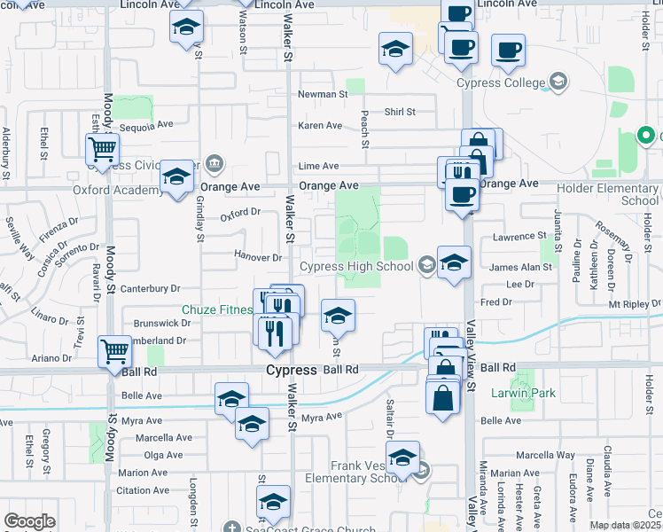 map of restaurants, bars, coffee shops, grocery stores, and more near 9711 Graham Street in Cypress