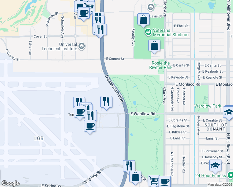 map of restaurants, bars, coffee shops, grocery stores, and more near 4235 E Donald Douglas Dr in Long Beach