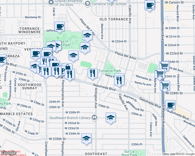 map of restaurants, bars, coffee shops, grocery stores, and more near 2725 Arlington Avenue in Torrance