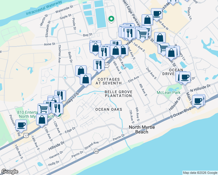 map of restaurants, bars, coffee shops, grocery stores, and more near 50 Willow Creek Drive in North Myrtle Beach