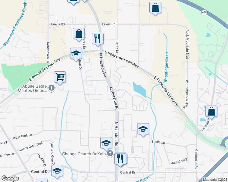 map of restaurants, bars, coffee shops, grocery stores, and more near 2 Brooks Crossing Drive in Stone Mountain