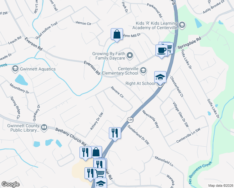 map of restaurants, bars, coffee shops, grocery stores, and more near 3310 Revere Circle in Snellville