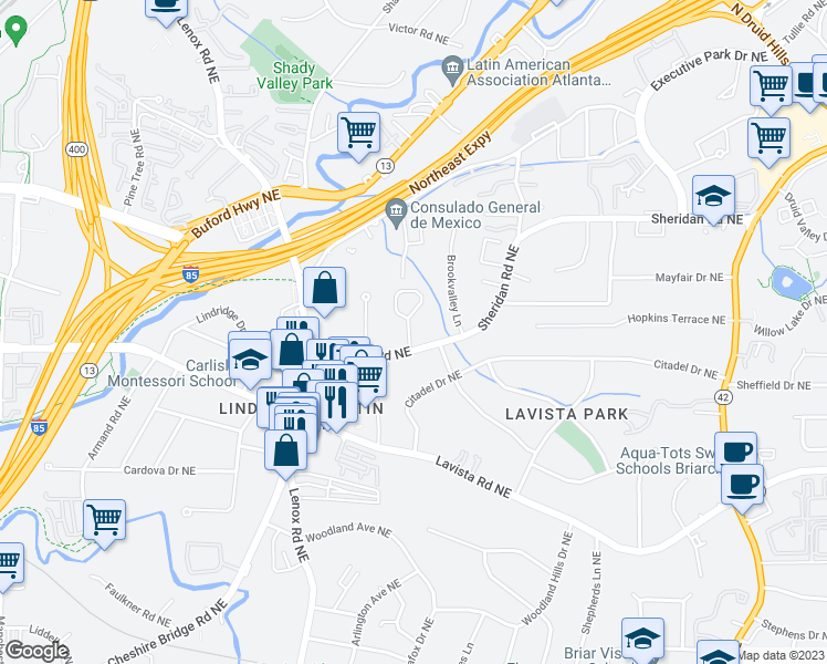 map of restaurants, bars, coffee shops, grocery stores, and more near 1535 Sheridan Walk Northeast in Atlanta