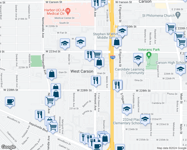 map of restaurants, bars, coffee shops, grocery stores, and more near 2 Vermont Avenue in Torrance