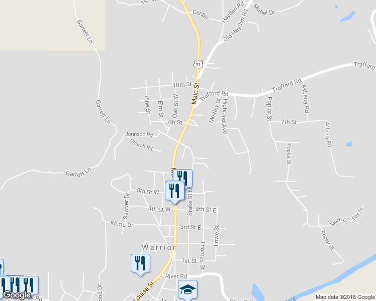 map of restaurants, bars, coffee shops, grocery stores, and more near 620 Dee Drive in Warrior