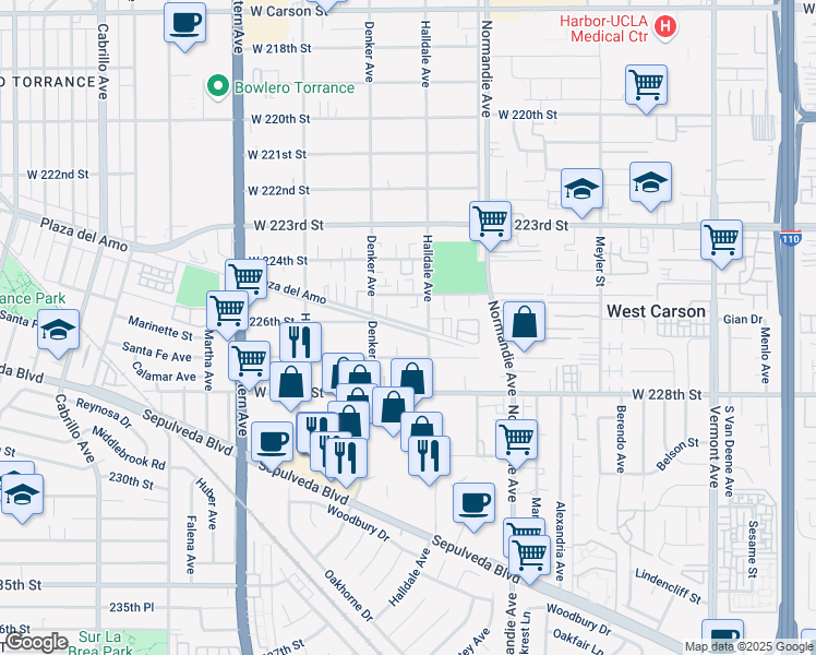 map of restaurants, bars, coffee shops, grocery stores, and more near 1420 Plaza del Amo in Torrance