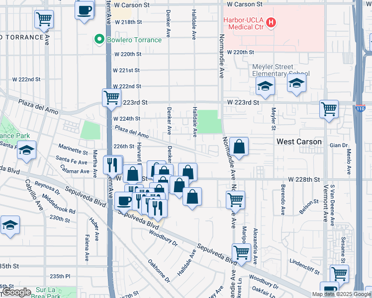 map of restaurants, bars, coffee shops, grocery stores, and more near 1420 Plaza del Amo in Torrance