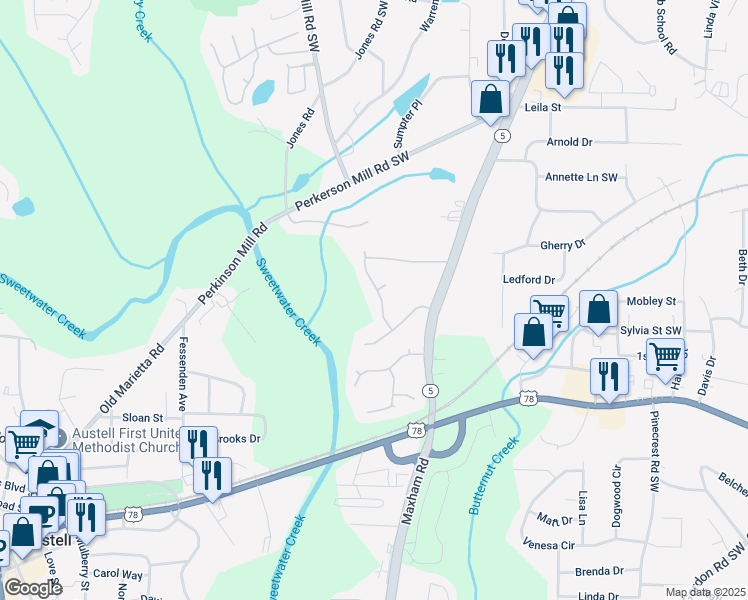 map of restaurants, bars, coffee shops, grocery stores, and more near 3110 Cambrian Terrace in Austell
