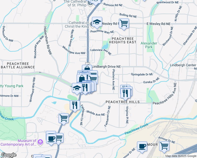 map of restaurants, bars, coffee shops, grocery stores, and more near 2424 Glenwood Drive Northeast in Atlanta