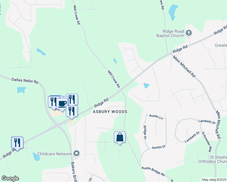 map of restaurants, bars, coffee shops, grocery stores, and more near 5295 Ridge Road in Douglasville