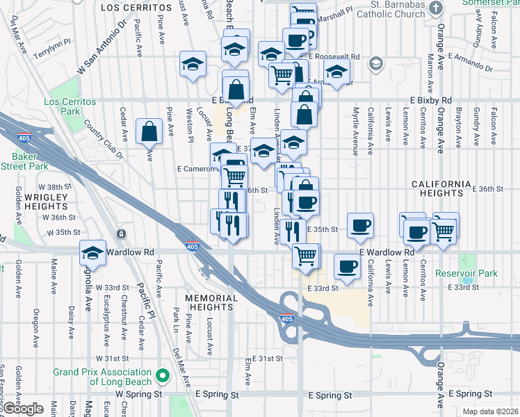 map of restaurants, bars, coffee shops, grocery stores, and more near 3491 Elm Avenue in Long Beach