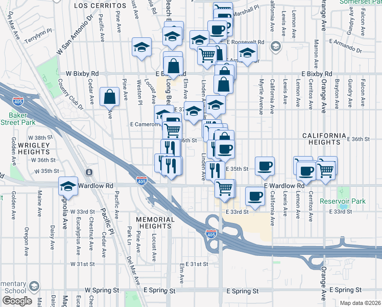 map of restaurants, bars, coffee shops, grocery stores, and more near 3530 Elm Avenue in Long Beach