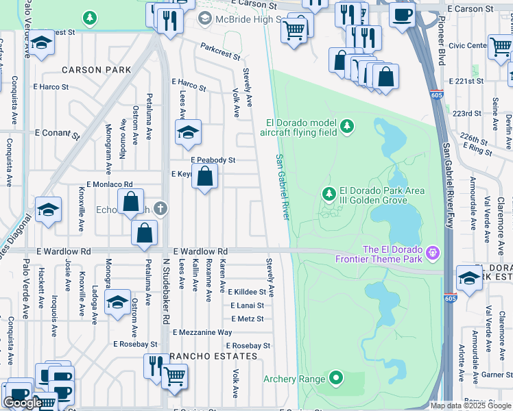 map of restaurants, bars, coffee shops, grocery stores, and more near 3488 Shipway Avenue in Long Beach