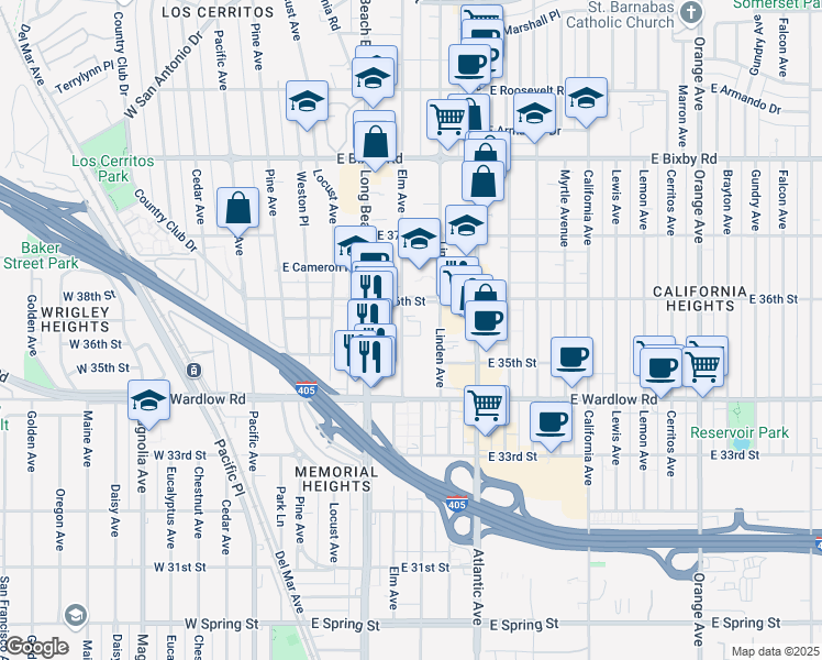 map of restaurants, bars, coffee shops, grocery stores, and more near 3530 Elm Avenue in Long Beach