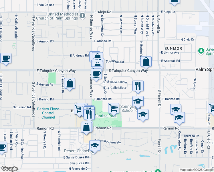 map of restaurants, bars, coffee shops, grocery stores, and more near 1932 East Calle Lileta in Palm Springs