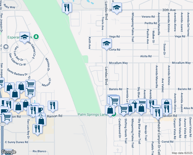 map of restaurants, bars, coffee shops, grocery stores, and more near 31355 Calle Cayuga in Cathedral City
