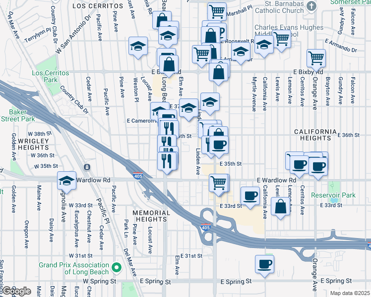map of restaurants, bars, coffee shops, grocery stores, and more near 3530 Elm Avenue in Long Beach