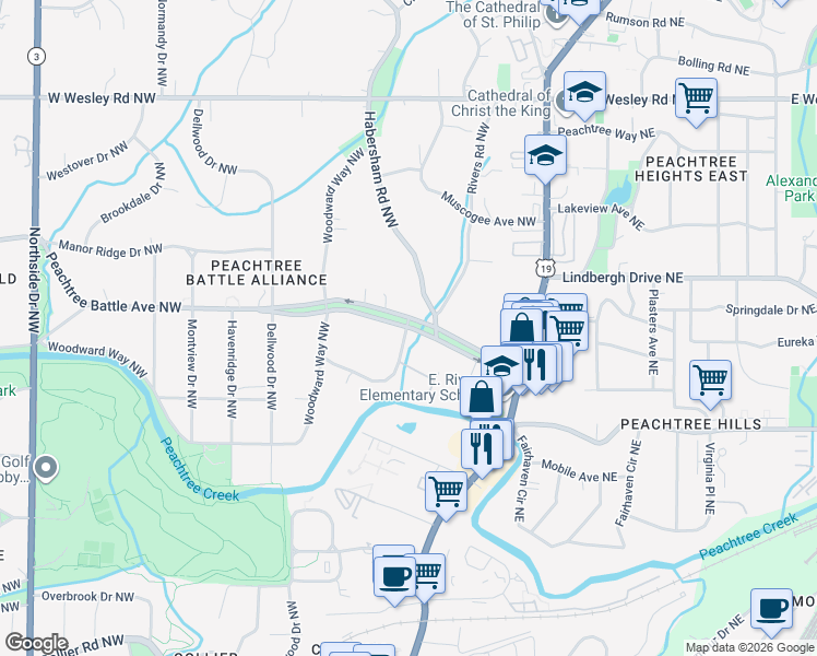 map of restaurants, bars, coffee shops, grocery stores, and more near 150 Peachtree Battle Avenue Northwest in Atlanta