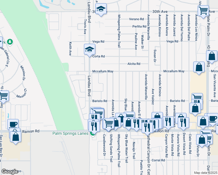 map of restaurants, bars, coffee shops, grocery stores, and more near 31260 Avenida La Paloma in Cathedral City