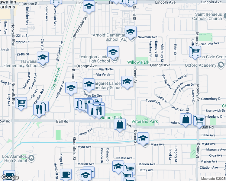 map of restaurants, bars, coffee shops, grocery stores, and more near 4346 Paseo De Oro in Cypress