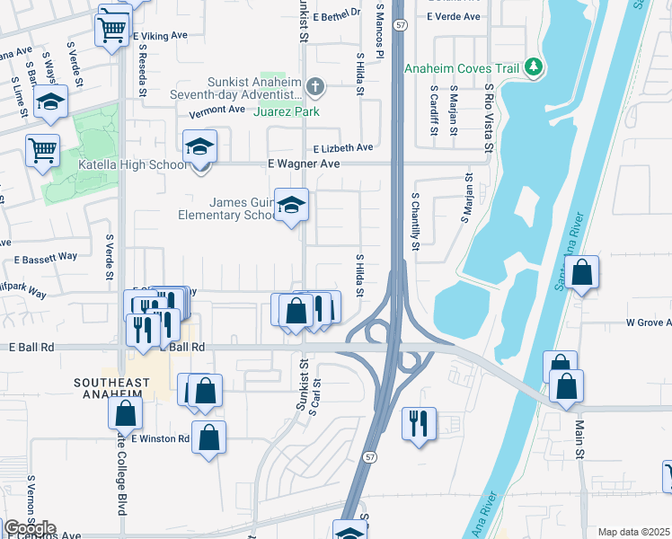map of restaurants, bars, coffee shops, grocery stores, and more near 2532 East Gelid Avenue in Anaheim