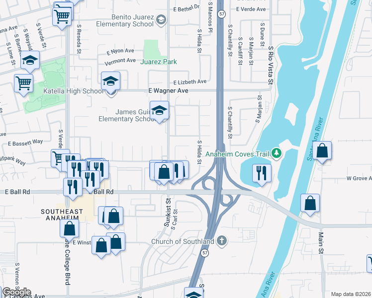 map of restaurants, bars, coffee shops, grocery stores, and more near 2532 East Gelid Avenue in Anaheim