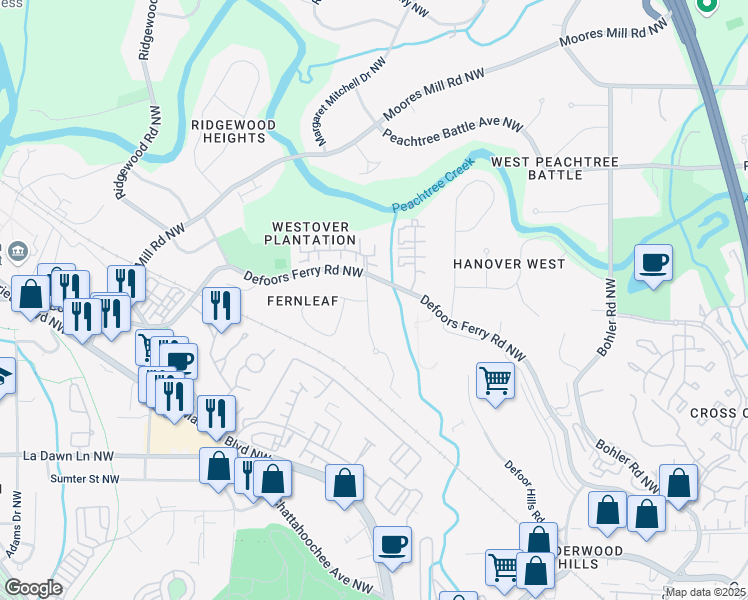 map of restaurants, bars, coffee shops, grocery stores, and more near 2461 Fernleaf Court Northwest in Atlanta