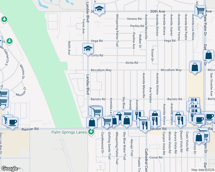 map of restaurants, bars, coffee shops, grocery stores, and more near 31260 Avenida La Paloma in Cathedral City
