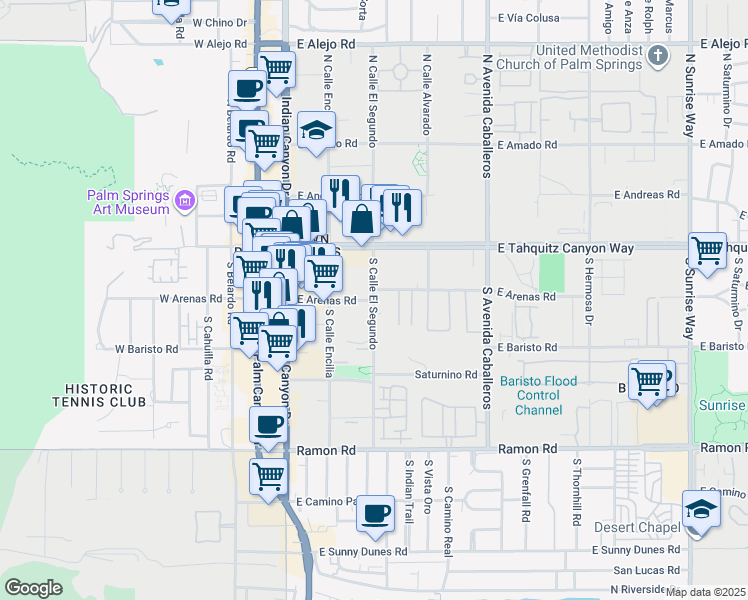 map of restaurants, bars, coffee shops, grocery stores, and more near 370 South Calle El Segundo in Palm Springs