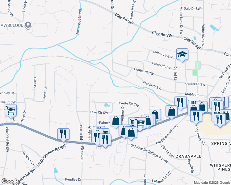 map of restaurants, bars, coffee shops, grocery stores, and more near 1360 Vonda Lane Southwest in Mableton