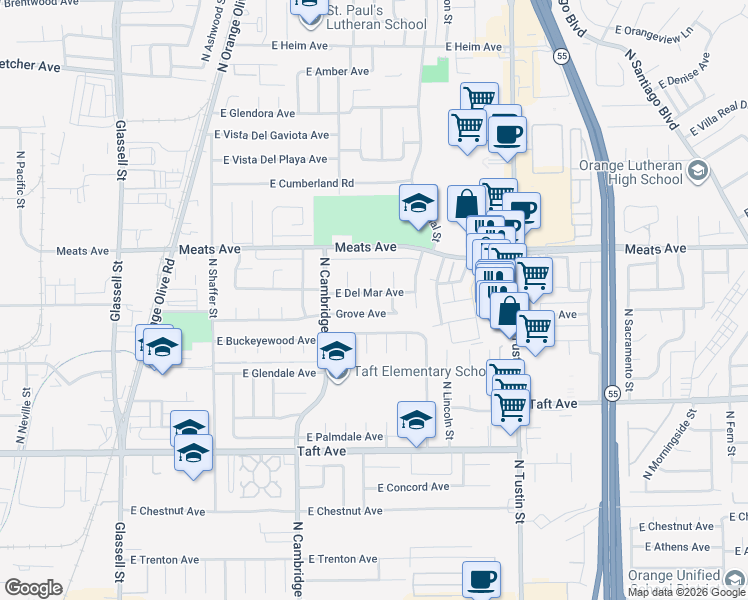 map of restaurants, bars, coffee shops, grocery stores, and more near 1138 Grove Avenue in Orange
