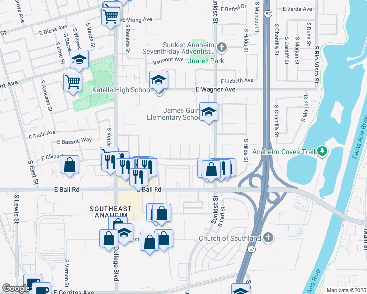 map of restaurants, bars, coffee shops, grocery stores, and more near 1136 South Chaucer Street in Anaheim