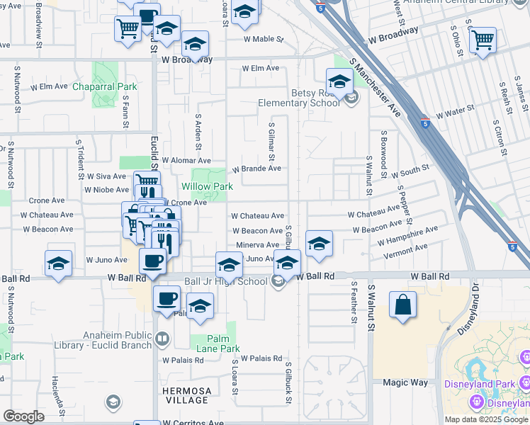 map of restaurants, bars, coffee shops, grocery stores, and more near 1537 West Beacon Avenue in Anaheim