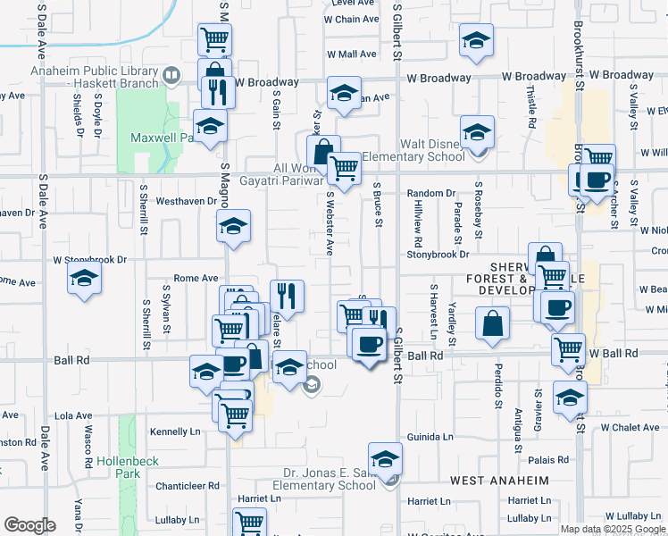 map of restaurants, bars, coffee shops, grocery stores, and more near 820 South Webster Avenue in Anaheim