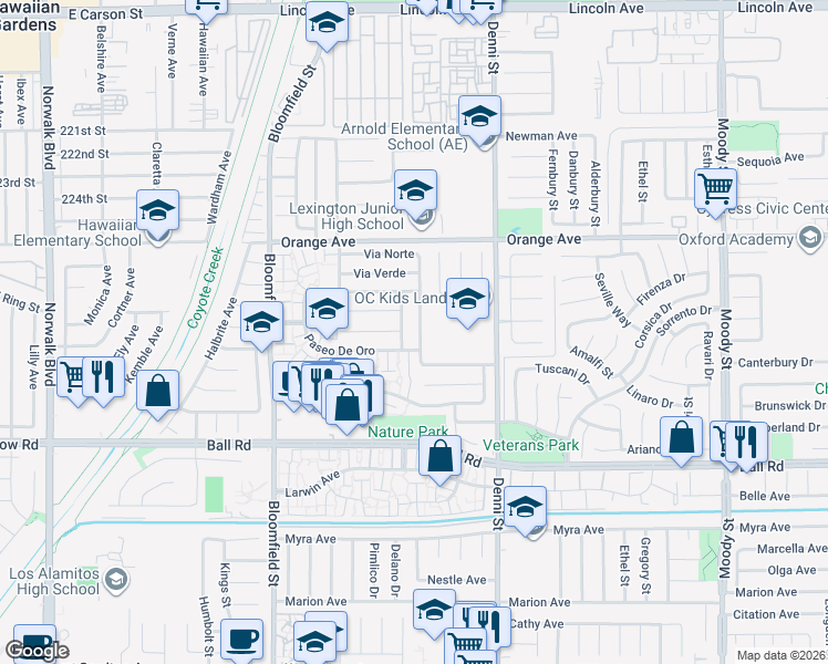 map of restaurants, bars, coffee shops, grocery stores, and more near 4346 Paseo De Oro in Cypress