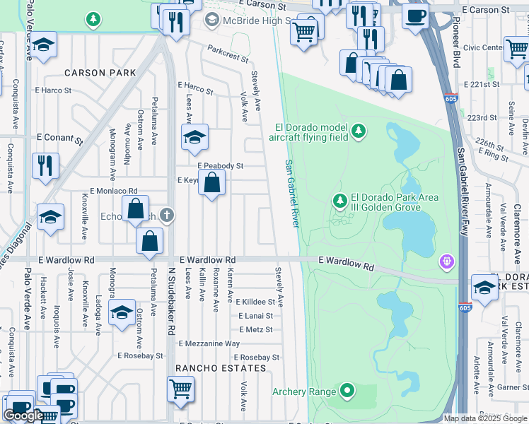 map of restaurants, bars, coffee shops, grocery stores, and more near 3488 Shipway Avenue in Long Beach