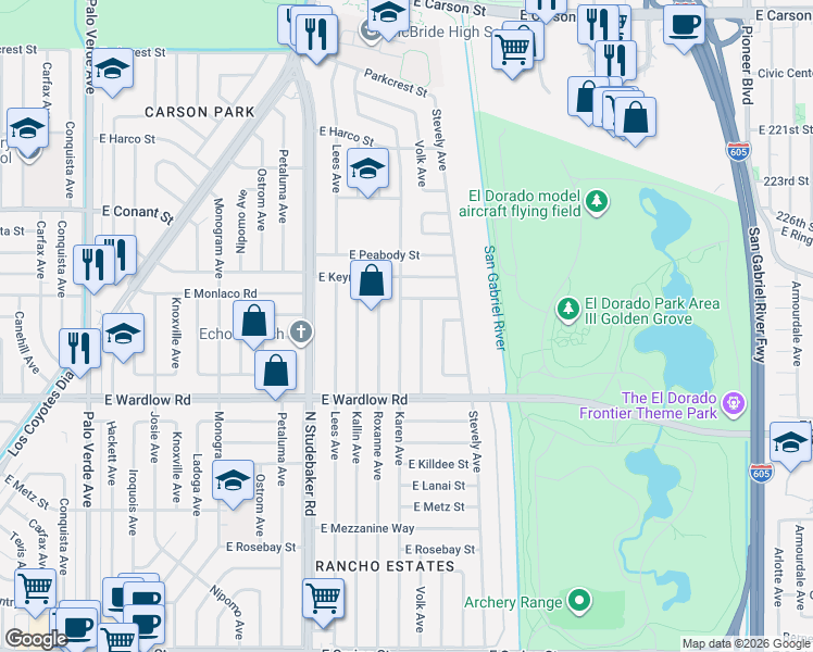 map of restaurants, bars, coffee shops, grocery stores, and more near 3453 Volk Avenue in Long Beach
