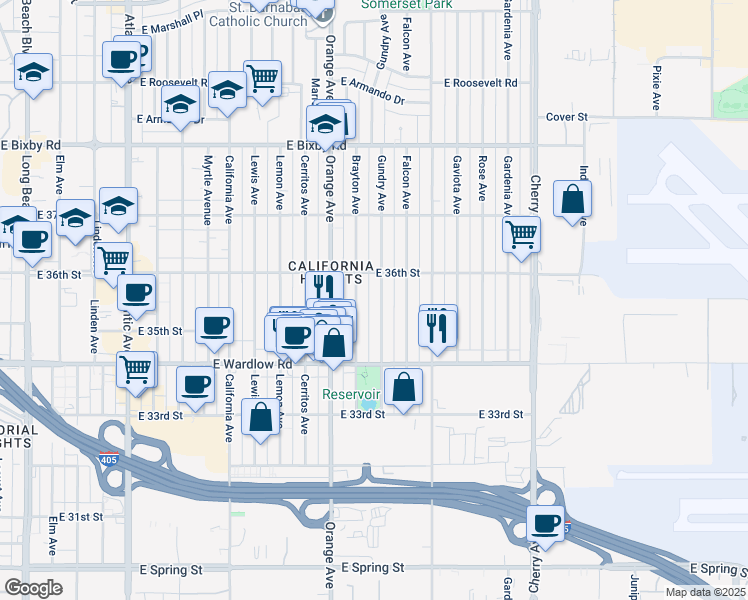map of restaurants, bars, coffee shops, grocery stores, and more near 3505 Gundry Avenue in Long Beach