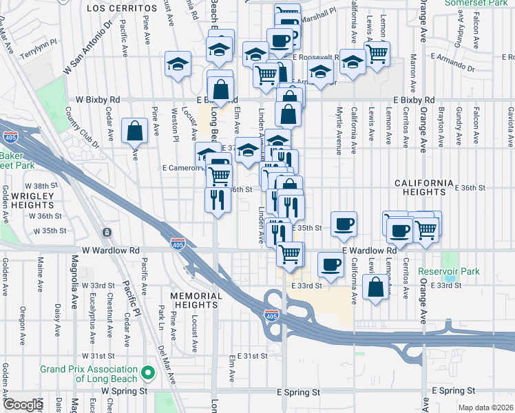 map of restaurants, bars, coffee shops, grocery stores, and more near 3515 Linden Avenue in Long Beach